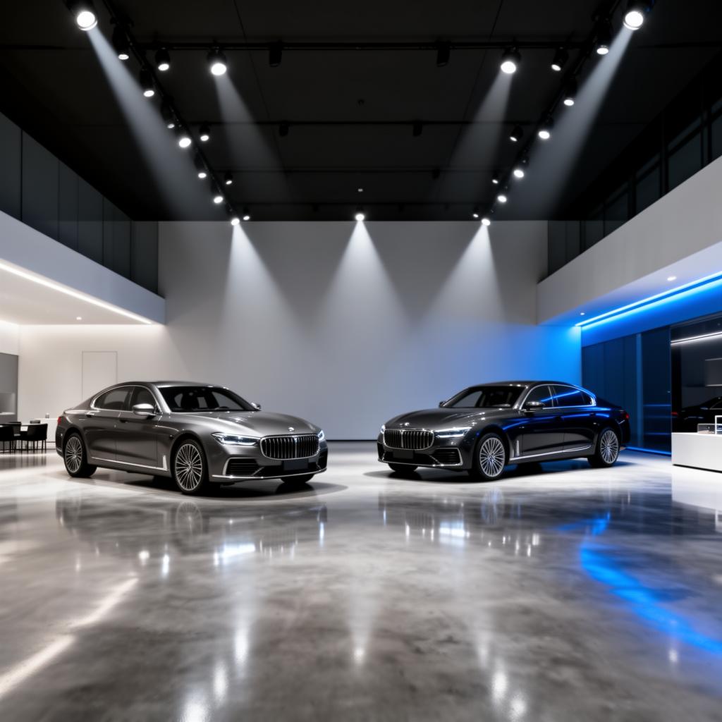 Luxury showroom interior with two premium vehicles