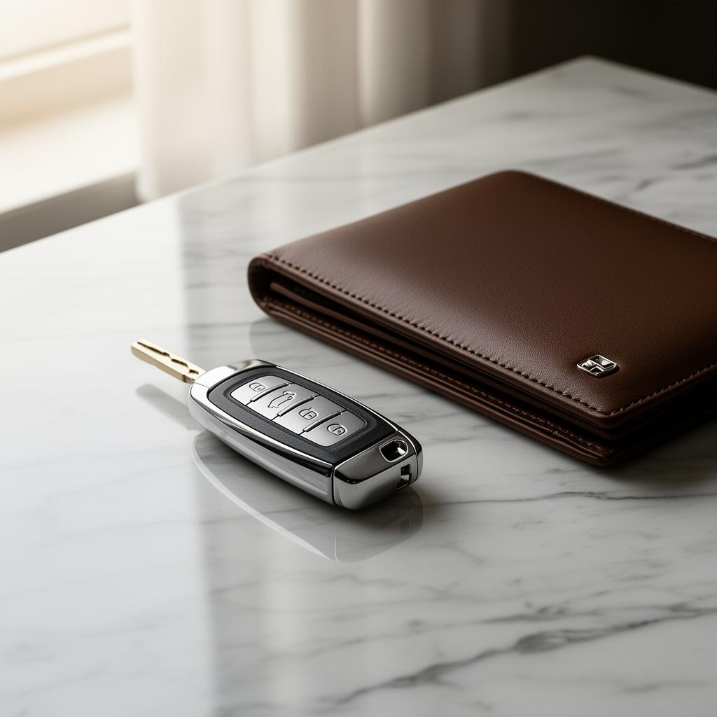 Luxury car key beside a leather wallet on marble